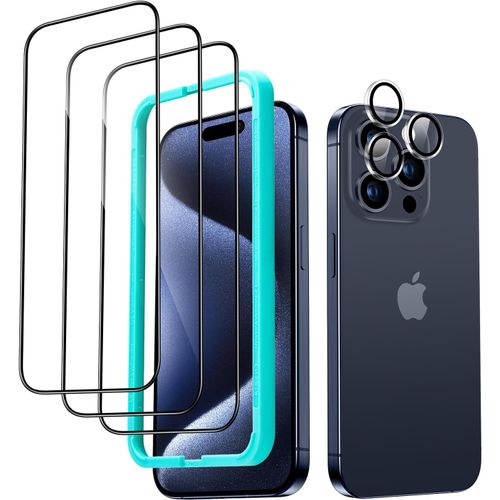 Sjzg-Verre Trempé Pour Iphone 15 Pro Max, Contenir 3 Protection Écran Et 1 Protection Pour Objectif Caméra Individuel, Bords Incurvés 2,5d, Couverture Complète, Anti Rayures