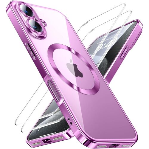 SJZG-Coque 3 En 1 Pour Iphone 16, 1 Coque Et 2 X Film Protecteur, [Norme Militaire] [Top N56 Aimants Puissants] Antichoc Antirayures Pour Magsafe Case Protection De La Caméra, Rose