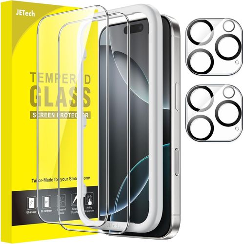 NSIECD-Protection D'écran pour iPhone 16 Pro 6,3 Pouces avec Protecteur d'Objectif Caméra, Outil d'Installation Facile, Film en Verre Trempé, Transparent HD, Lot de 2 Chacun