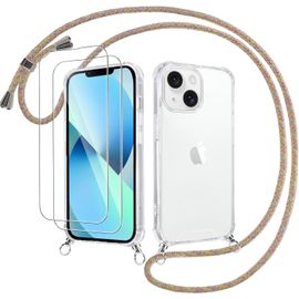 Coque Iphone 13 Mini 5,4"" Transparente Avec Cordon Réglable + 2 Verres Trempés - Silicone Tpu/Pc Anti-Choc Protection 4 Coins