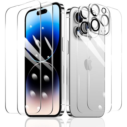 KAL-2×Film Protection D'Écran Pour Iphone 14 Pro + 2×Protection Camera Objectif Arriere Appareil Photo + 2×Arrière Verre Trempé, Vitre Protecteur Accessoires, Hd Dureté 9H Glass, Compatible Coque