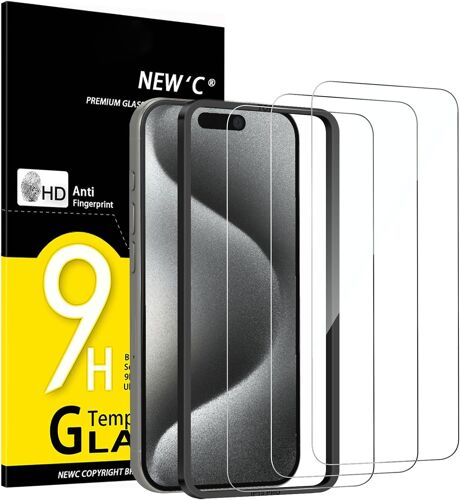 MEVRONISSHOP-Kit de 3, Verre Trempé pour iPhone 15 Pro (6,1 Pouces) Film en Protection écran efficace contre les Rayures - Ultra Résistant - HD Transparent - Outil d'installation facile inclus