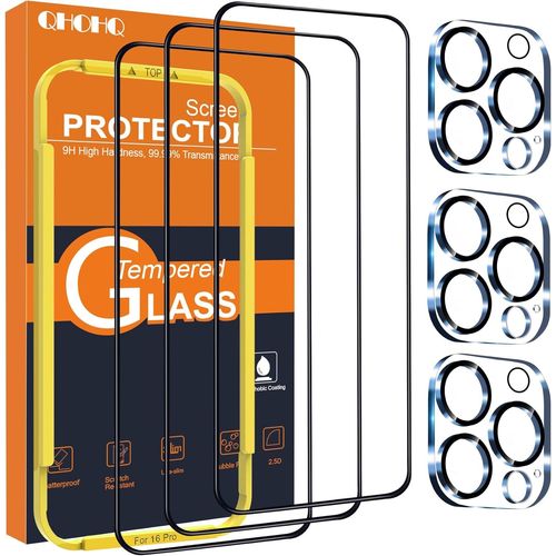 CAUC-Verre Trempé pour iPhone 16 Pro + Caméra Arrière Protecteur, Qualité Militaire Protection écran, [Couverture Complète], Ultra Top 9H+ HD Glass Film, Avec Outil de Montage Facile [3+3 Pièces]