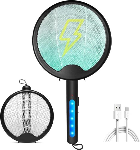 Raquette Anti Moustique Électrique 3000v Usb Rechargeable 2 En 1 Tapette Anti-Moustique Led Lampe Anti Mouche Pour Intérieur Et Jardin (Noir)