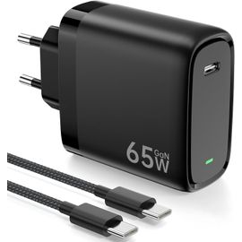 Chargeur USB C 65W avec Technologie PD3.0 et GaN II Chargeur Rapide USB C PPS avec Câble Type C 2M Compatible pour iPhone 16/15/Pad Pro/Air, pour Galaxy S24/23/S22, pour MacBook Pro/Air, etc - Noir
