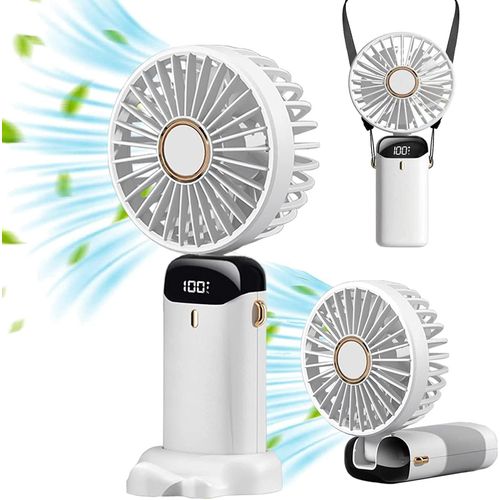 Ventilateur Portable USB, Mini Ventilateur de Poche avec Batterie Rechargeable 5000mAh et 5 Vitesses de Vent Réglables, Petit Ventilateur de Bureau Pour Maison/Bureau/Voyage (Blanc)