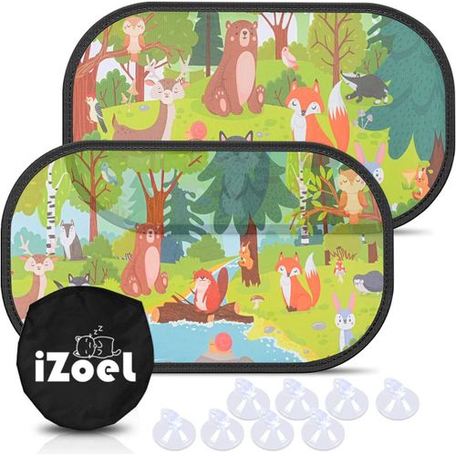 Kal-Pare Soleil Voiture Bébé Enfant, 2 Pcs Pare Brise Vitres Latérales, Motif Renard Bunny Animal, Auto Adhésifs, 8 Ventouses, Sac Rangement, 51 X 31 Cm, Universelle - Protection Solaire Et Uv