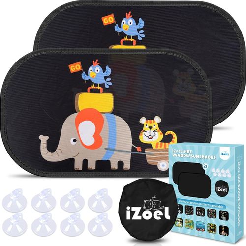 Hljhj-Pare Soleil Voiture Bébé Enfant, 2 Pcs Pare Brise Vitres Latérales, Motif Éléphant De Voyage, Auto Adhésifs, 8 Ventouses, Sac Rangement, 51 X 31 Cm, Universelle - Protection Solaire Et Uv