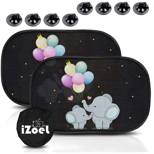 Hljhj-Pare Soleil Voiture Bébé Enfant, 2 Pcs Pare Brise Vitres Latérales, Motif Eléphant Et Ballon, Auto Adhésifs, 8 Ventouses, Sac Rangement, 51 X 31 Cm, Universelle - Protection Solaire Et Uv