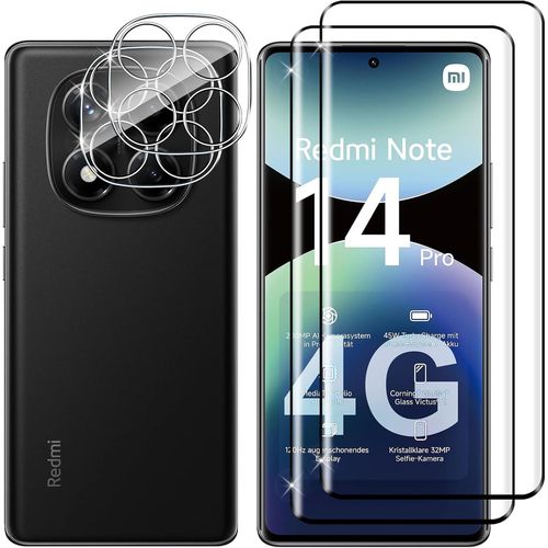 CAUC-Verre Trempé pour Xiaomi Redmi Note 14 Pro 4G, 2+2 Pièces 3D Protection écran + Caméra Arrière Protecteur Film, 9H Dureté HD Sans Bulles Anti-Rayures Vitre Trempé Protecteurs d'écran