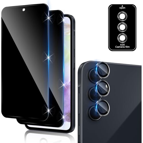 KAL-Verre Trempé Anti-Espion Pour Samsung Galaxy A35 5G Avec Caméra Arrière Protecteur [2+1 Pcs], Protection Objectif Caméra Pour Tout Coquedureté 9H Hd Glass Anti-Spy Protection D`Écran