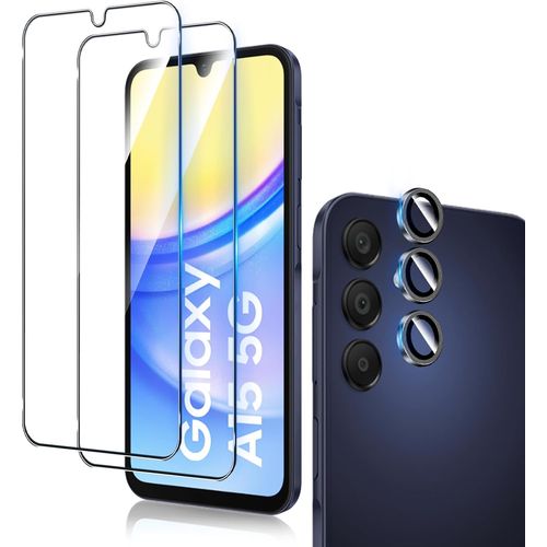 Kal-Verre Trempé Pour Samsung Galaxy A15 4g / 5g Avec Caméra Arrière Protecteur [2+1 Pièces], Protection Objectif Caméra Individuel Pour Tout Coquedureté 9h Hd Glass Film De Protection D`Écran