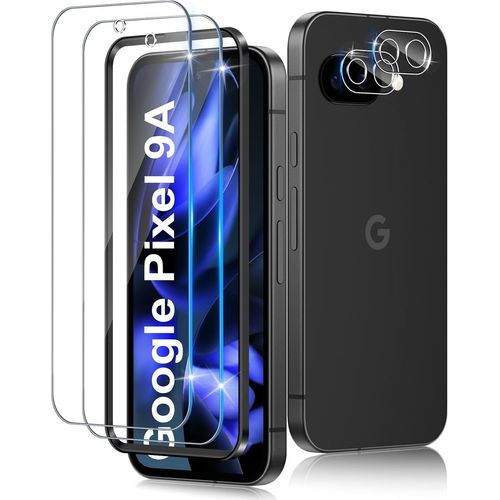 CAUC-2 Pièces Verre Trempé pour Google Pixel 9A 5G avec 2 Pièces Caméra Arrière Protecteur, Film Protection écran, 9H Dureté, Anti Rayures, Vitre Protection Facile à installer
