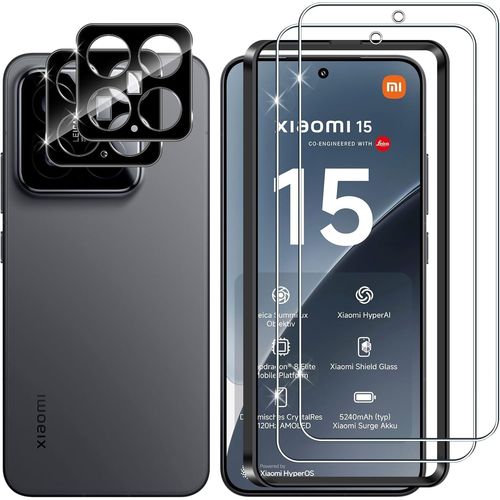 Lot 2 Films Verre Trempé Écran + 2 Protections Lentille Pour Xiaomi 15 (Noir) 9h 0,33mm Hd Anti-Rayures 2.5d