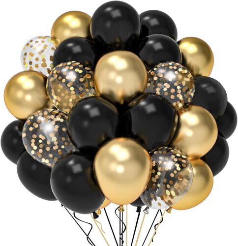 Black And Gold Birthday Balloons, 52 Pieces 12 Inchballoon Black Gold Balloon, Transparent Helium Balloon With Gold Confetti For Deco Boy Man Birthday, Wedding Party, New Year Decoration 2026