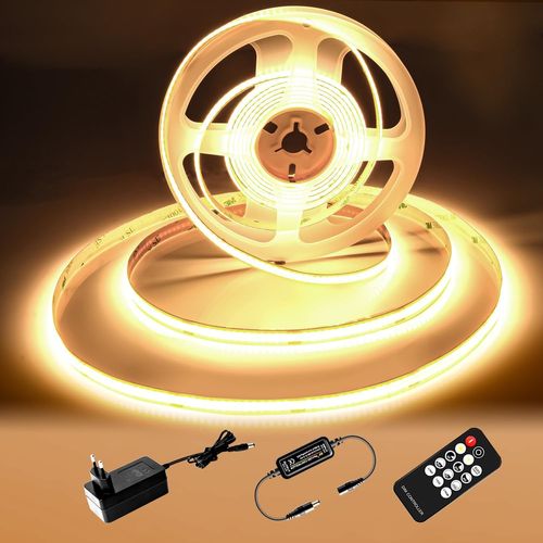 Ruban Led Cob 2m,Bande Led Blanc Chaud 3000k,Bande Led Cob Dimmable 24v,Cri92,Largeur 8mm,Avec Télécommande Et Alimentation,Pour La Décoration,Maison,Cuisine,Miroir