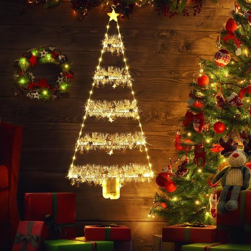 Kal-Éclairage De Noël Avec Led Arbre De Noël 81 Cm, Batterie Guirlande Lumineuse D'extérieur Avec Tinsel, Minuteur, 8 Modes, Décoration De Noël Pour Cadeau, Fenêtres, Portes, Intérieur Blanc Chaud