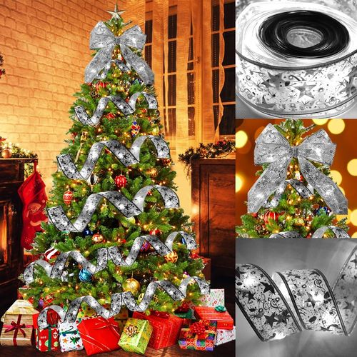 Trahoo-10m Guirlande Lumineuse De Noël En Ruban Avec 100 Led, Guirlandes Lumineuses À Ruban Brillant, Arc En Dentelle Diy Décor Sapin Vacances, Décoration De Maison D'arbre De Noël (Argent)