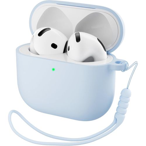 Étui silicone pour AirPods 4e génération (2024) USB-C ¿ Protection intégrale double couche PC+silicone, charge sans fil, cordon amovible et LED frontale visible ¿ Bleu clair