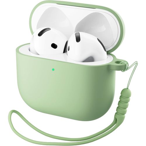 Étui silicone pour AirPods 4 (2024) USB¿C ¿ Protection intégrale, cordon détachable, LED frontale visible, léger et antichoc, vert clair