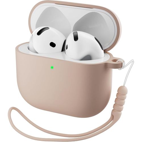 Étui silicone pour AirPods 4¿ génération (2024) USB¿C ¿ Protection intégrale antichoc double couche, cordon amovible et LED frontale visible ¿ Nude Taupe