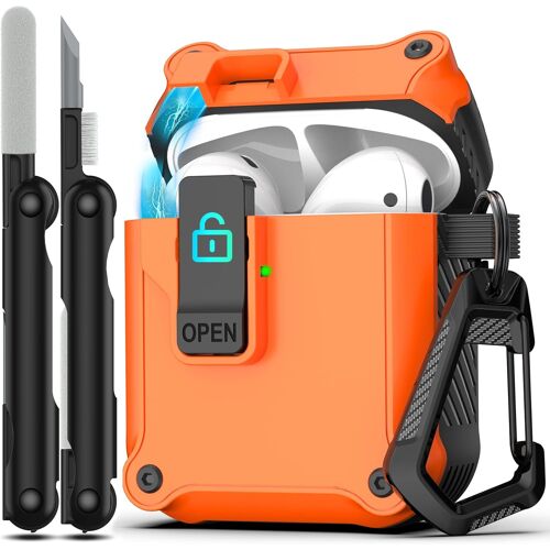 pour Airpods 2ème/1er étui avec kit de Nettoyage, Pop-up Automatique avec Clip de Verrouillage de sécurité, Coque Rigide Antichoc sur Tout Le Corps,Boîtier Orange pour Interrupteur Noir