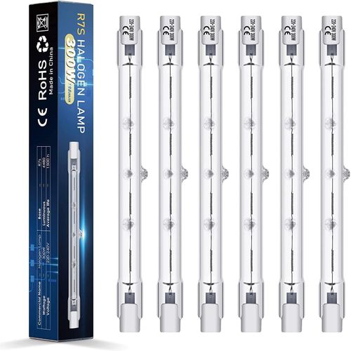 6 Packs 300w 118mm R7s Ampoule Halogène Dimmable, 220-240v 4480lm 2800k Blanc Chaud J-Type Pour Éclairage De Travail, Sécurité, Pay , Etc.