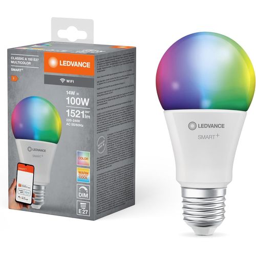 Smart+ Wifi Led Lamp, Frosted Look, 14w, 1521lm, Classic Bulb Shape With E27 Base, Color Light And White Light, App Or Voice Control, Life Of Up To 20,000 Hours