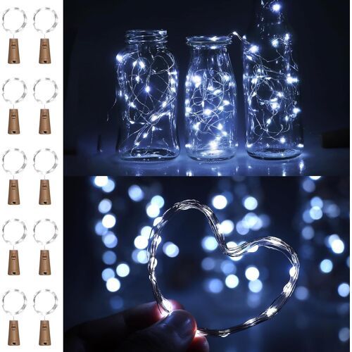 10 Pack Guirlandes Lumineuses Pour Bouteille De Vin Avec Bouchon En Liège,Blanc Froid,2M,20 LED,Mini Guirlandes Lumineuses En Fil De Cuivre,Veilleuses étanches Et Façonnables(Blanc Froid)