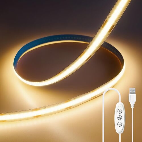 Ruban LED COB USB 2M Blanc Chaud,5V Bande LED 2 Mètres Alimenté par USB avec Gradateur Tactile Bandeau Lumineuse LED Flexible pour Chambre,TV Rétroéclairage,Éclairage Maison DIY