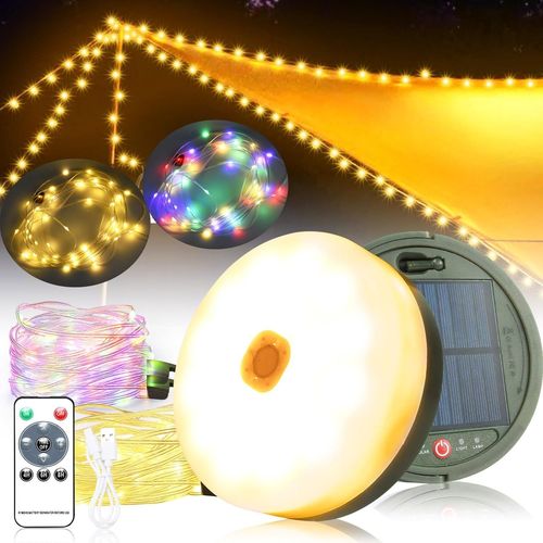 Kal-10m Guirlande Lumineuse Solaire De Camping, Solaire Et Usb Chargement Camping Light Chain Rollable,Blanc Chaud Et Couleur 120leds 13 Modes Ip65 Imperméable,Guirlande Solaire Exterieur Camping Lam
