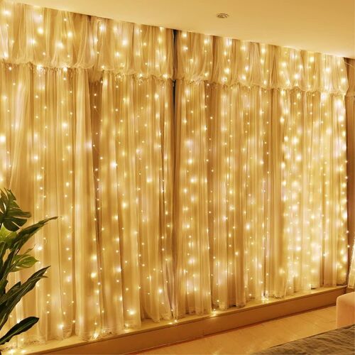 Kalanka-300led Guirlande Lumineuse Rideau Blanc Chaud Rideau Lumineux 3m*3m 8 Modes D'eclairage Usb Télécommande Avec Minuterie Pour Noël, Mariage, Anniversaire, Fenêtre, Maison