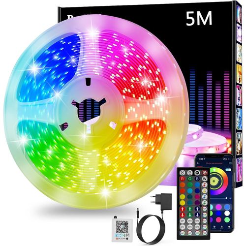 Ruban Led 5m, Led Chambre, Contrôlé Par App Bluetooth Ou Télécommande 44 Touches, Synchroniser Avec Rythme De Musique, Rgb Bande Led Lumineuse Pour Maison Décoration