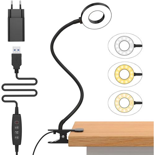 10w Lampe De Bureau À Pince Avec Chargeur Usb[3 Modes D`Éclairage &10 Niveaux De Luminosité] Flexible À 360°Lampe Lecture Clipsable, 70cm Lampe Bureau Led Pour Maison/Bureau