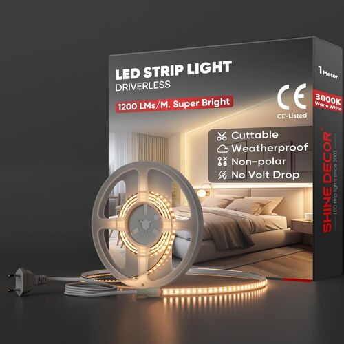 Shine 1m Bande Lumineuse LED,220V Autocollante Silicone Bande LED étanche IP65,SMD 2835 120 leds/m Ultra Haute Luminosité pour Décoration Maison Cuisine Jardin Eclairage LED (Blanc Chaud)