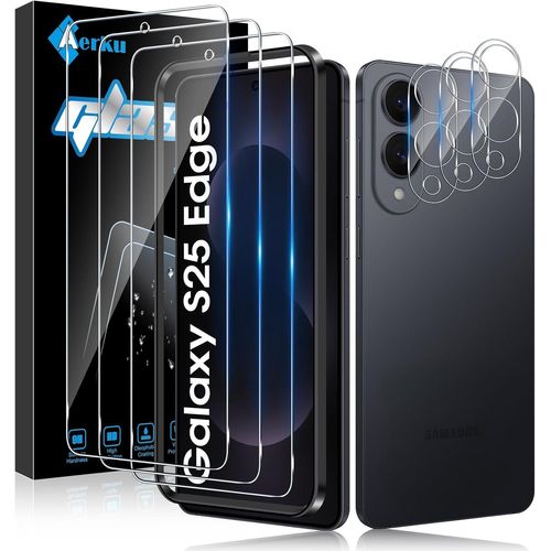 CAUC-3 Pièces Verre Trempé pour Samsung Galaxy S25 Edge avec 3 Pièces Caméra Arrière Protection Accessoire, Ultra Résistant Film Protection écran, Sans Bulles, Dureté 9H Glass