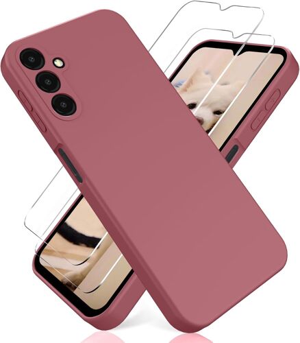 Coque Compatible Avec Samsung Galaxy A14 4G / 5G + [2 Pièces] Protection D'Écran En Verre Trempé, Housse Silicone Tpu Liquide - Rose Foncé