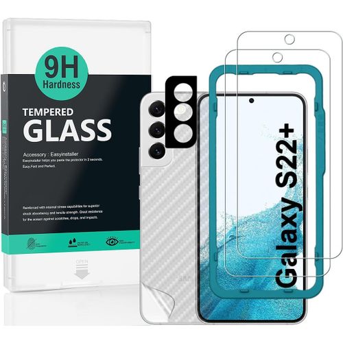 Verre Trempé De Protection Pour Samsung Galaxy S22 Plus 5g, [Paquet De 2] Avec Métal Protecteur D'écran De Caméra,Protection Arrière Effet Fibre De Carbone,Avec Une Kit D'installation Facile