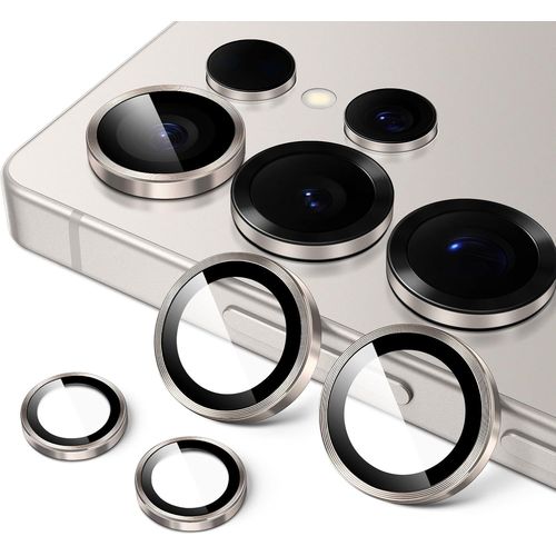 Protection lentille caméra Samsung Galaxy S25 Ultra 5G - Verre trempé 9H, Bague en aluminium, Installation facile (plateau), HD ultra clair, 1 jeu Gris Titane