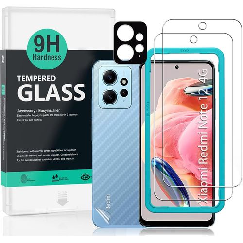 Screen Protector For Xiaomi Note 12 4g (6.67 Inches) With 2 Pieces Tempered Glass, 1 Camera Lens Protector, 1 Carbon Fiber Film [No Bubbles]