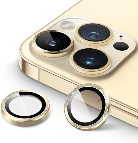 KALANKA-Protection Objectif Caméra pour iPhone 14 Pro 6,1 Pouces et iPhone 14 Pro Max 6,7 Pouces, Couverture Anneau Individuel en Métal en Verre Trempé 9H, HD Transparent, 1 Série (Or)