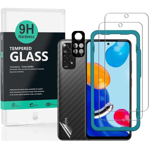 Kal-Pièces Verre Trempé De Protection Pour Xiaomi Redmi Note 11 4g 6.43"",Avec Métal Protecteur D'écran De Caméra,Protection Arrière Effet Fibre De Carbone