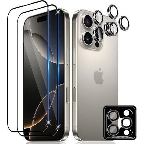 CAUC-2 Pièces Verre Trempé pour iPhone 16 Pro 6,3 Pouces(Noire), 2 Pièces Caméra Arrière Protecteur, Dureté 9H, Double Protection Metal Caméra Verre Trempé, Protection D'Écran Anti-Rayures