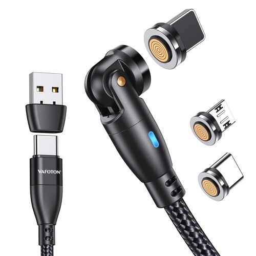 KAL-9Pin Câble USB C Magnétique 2M, 60W Cable Magnetique Charge Rapide, 3A Chargeur Magnétique Rotation à 360 \u200b\u200b° et 180 ° Chargeur Aimanté, pour Micro USB/Type C/iProduits, pour Smartphone