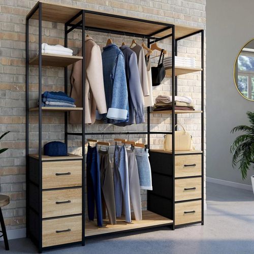 Dressing Double Penderie Utah Avec Étagères Et 6 Bacs En Tissu Bois Et Noir Design Industriel