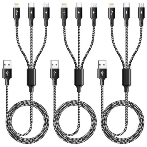TRAHOO-Câble Chargeur Multi Embout, Câble de Chargement USB Multiple 3 en 1, [3Pack 1.2M] Chargeur Rapide Tressé avec Type C/Micro USB/Lightning pour iPhone,Samsung,Huawei,Nexus,Nokia,LG,Sony