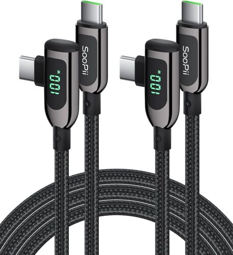 100W Câble USB C vers USB C à angle droit,câble de type C tressé en alliage de zinc de avec affichage LED pour lphone 15/iPad Mini/Air/Pro,MacBook Pro,Galaxy S23/S22/S10,Pixel