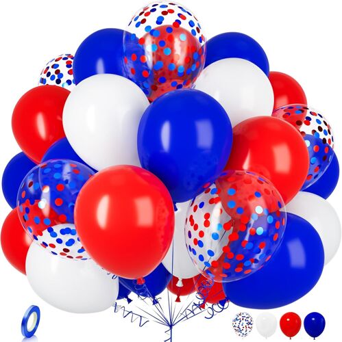 30 X Blue Red And White Balloons, 12 Inches Royal Blue Red Confetti Latex Helium Balloon For Girls Boys Child Birthday Party Baby Shower Wedding Christening Festival Graduation Decor