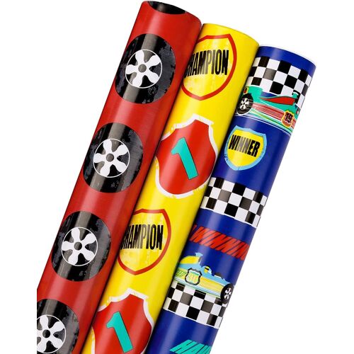 Rouleau De Papier D'emballage D'anniversaire - Mini Rouleau - Ensemble De Voitures De Course Cool Parfait Pour Une Fête, Une Fête, Un Bébé Garçon - 3 Rouleaux - 43,2 Cm X 305 Cm Par Rouleau