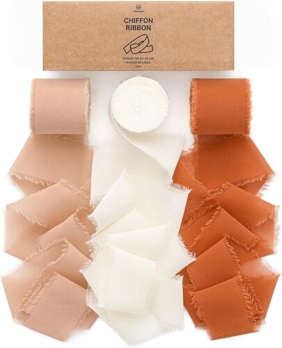 Ruban en Mousseline Rose & Blanc & Terre Cuite 3,8 cm x 19,2 m, Fait Main avec Franges, Ruban Effiloch¿¿ pour Invitation de Mariage, Bouquets de Mari¿¿e, Cadeaux Emballages, Bricolage